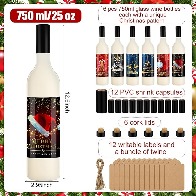 6 Set Coquito Bottles 25 Oz Christmas Glass wine Bottles Brewing Bottles for Homemade Coquito with Christmas Wine Bottle Stickers Airtight Caps for Home Party Milk Eggnog Kefir