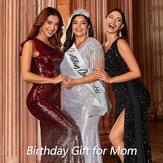 VELSCRUN Birthday Queen Tiara Crowns for Women Girls Silver Crystal Birthday Queen Headband Sash Elegant Princess Crown Happy Birth Party Decorations Mom Sisters Birth Gift Hair Accessories