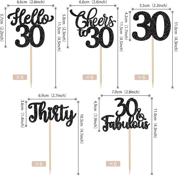 30PCS Happy 30th Birthday Cupcake Toppers Glitter Thirty Cheers to 30 Years Old Birthday Cupcake Picks Hello 30 Fabulous Cake Decorations for Happy 30th Birthday Anniversary Party Supplies Black