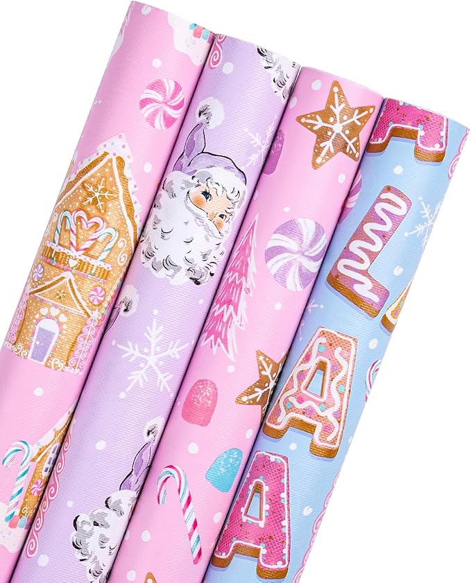 WRAPAHOLIC 30 Inch Christmas Wrapping Paper Roll - Jumbo Roll Pastel Pink Purple Gingerbread House and Santa Claus Design with Embossed - 4 Rolls - 30 Inch x 120 Inch Per Roll