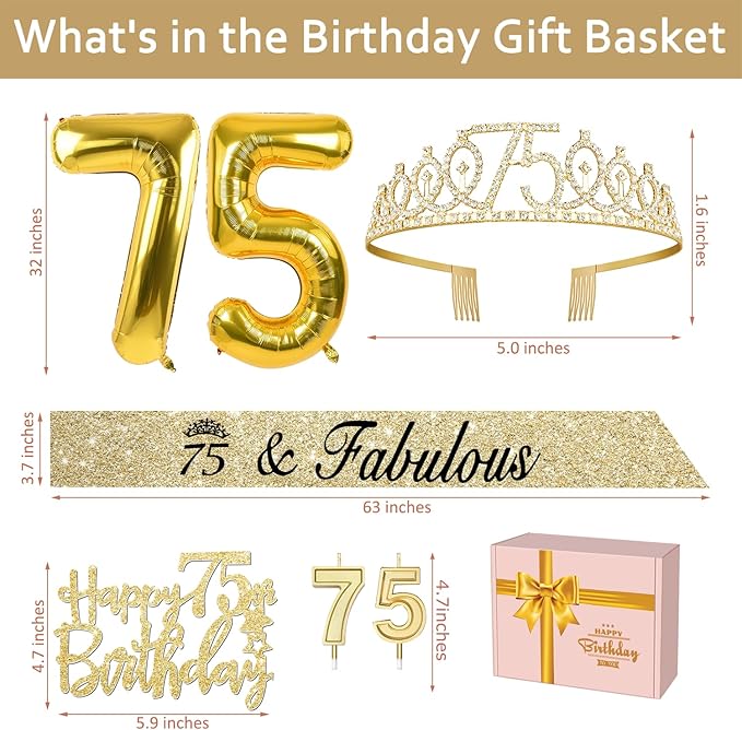 75th Birthday Decorations - Women's Sash & Tiara, Cake Toppers, Number 75 Candles, Gold Balloons, Party Gifts