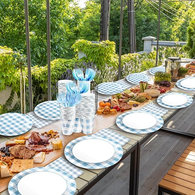 Blue Gingham Plates and Napkins Party Supplies, Blue and White Disposable Tableware Set, Checkered Plaid Paper Plates for Birthday Family Dinner Picnic Barbecue Baby Shower Decor Serves 25
