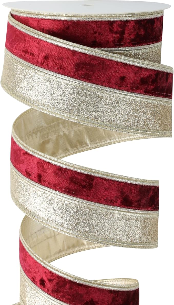 Burgundy Velvet Wired Christmas Ribbon 2.5 Inch Maroon and Gold Ribbon – 10-Yards Roll for Tree Decorations, Gift Wrapping, Wreaths, and DIY Crafts