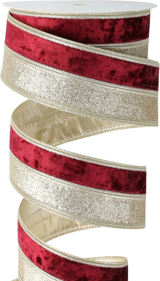Burgundy Velvet Wired Christmas Ribbon 2.5 Inch Maroon and Gold Ribbon – 10-Yards Roll for Tree Decorations, Gift Wrapping, Wreaths, and DIY Crafts