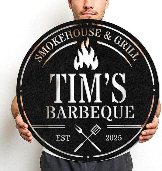 Custom BBQ Metal Sign Personalized Grill Name Wall Art for Outdoor Kitchen Patio Backyard Decor Fathers Gift for Dad Grandpa Husband Barbecue Smoker Area Sign, Grilling Lover Gifts 10