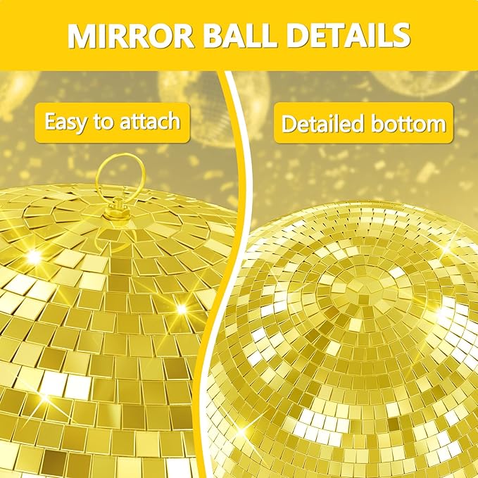 Disco Ball, 12/16/20 Inch Hanging Disco Ball, Mirror Ball for Party Decoration, Wedding, DJ Club, Stage, Birthday, Christmas, New Years Celebration (Golden, 12Inch)