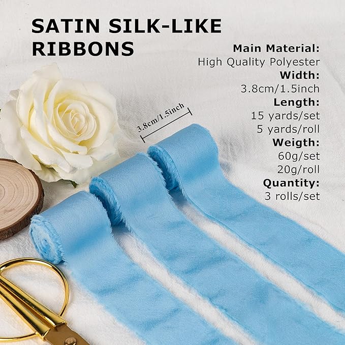 Satin Silk Ribbon, Light Blue Ribbon for Wrapping, 1-1/2 inch x 15 Yd Handmade Frayed Fringe Ribbons, for Wedding Engagement Birthday Shower Craft Flower Bouquet Invitation Decor, 3 Rolls
