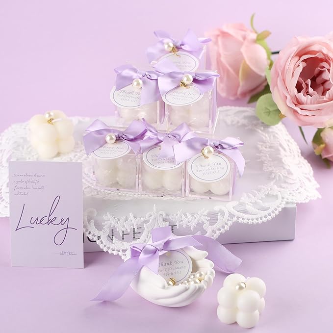 20 Pcs Small Bubble Candles Elegant Party Favors Bulk Set with Decorative Ribbons Thank You Cards for Bridal Shower Guest Gifts (20, Purple)
