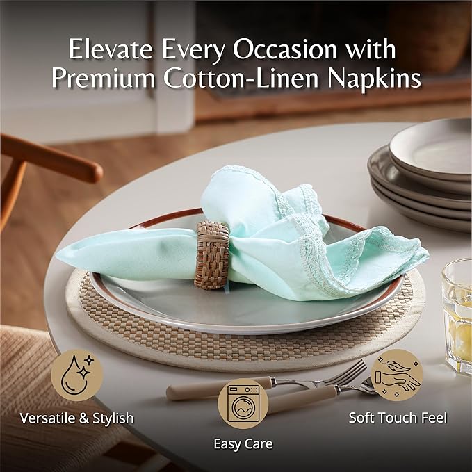 Ramanta Home Linen Flax Cloth Napkins Set of 12| 18x18 Inch | Premium Cotton Linen Flax Lace Soft & Durable | Washable Ideal for Everyday Use Parties Thanksgiving Christmas Halloween Baby Blue