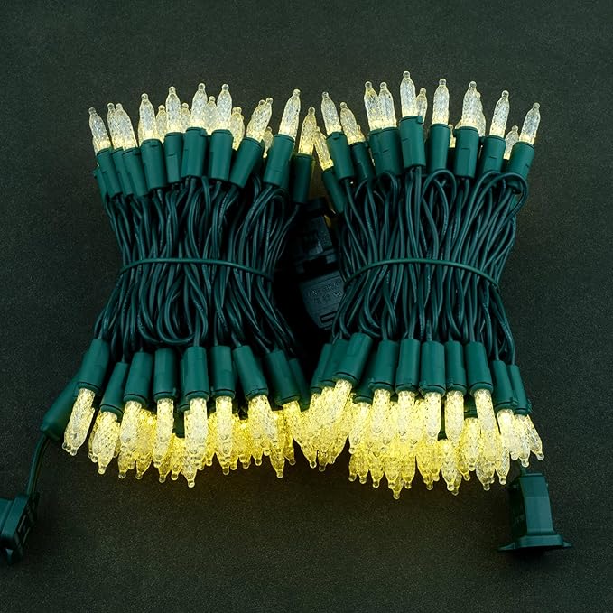 YULETIME Warm White Faceted LED Christmas Lights 200 Count 50 ft, Pack of 2 Strands 25 ft 100 Lights UL Certified Commercial Grade Green Wire Holiday String Light Set (Warm White)