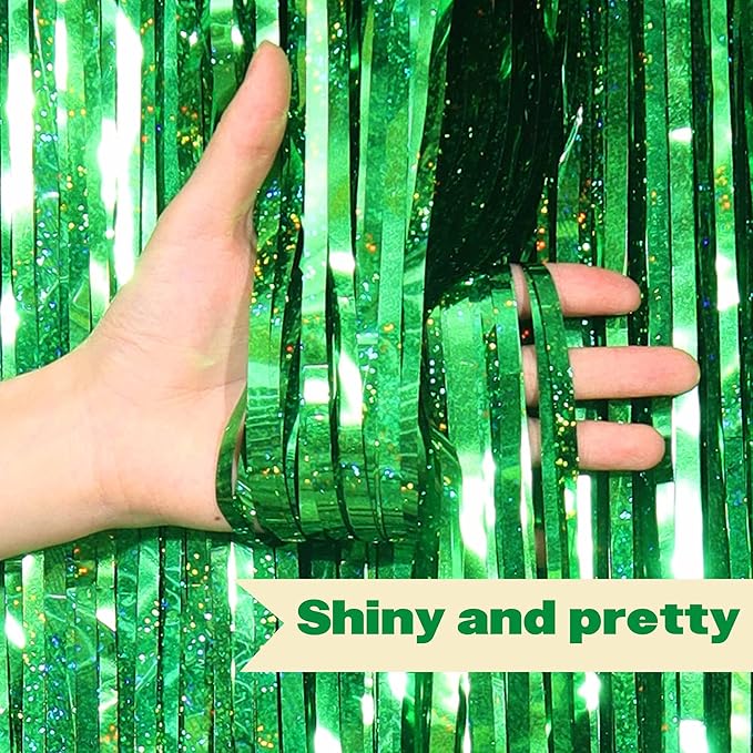 3 Pack Green Foil Fringe Curtains Backdrop, 3.28 x 8.2 Ft Metallic Streamers Tinsel Curtains Background for Photo Booth, Birthday, Christmas, Halloween, Thanksgiving, New Year Party Decorations