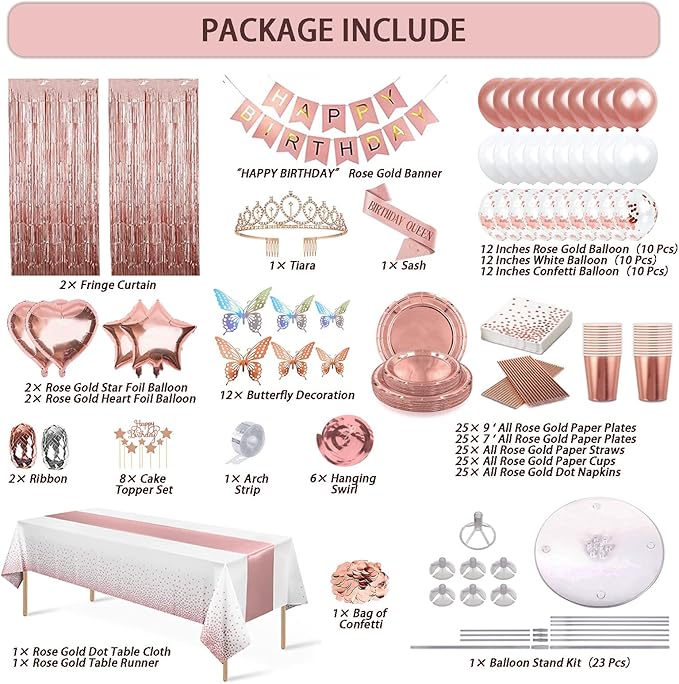 236 Pcs Birthday Decorations For Women, Rose Gold Party Decorations Kit For Girls Or Women - Butterfly, Hanging Swirl, Balloon Stand, Sash, Tiara, Banner, Balloon, Tableware For 25 Guest