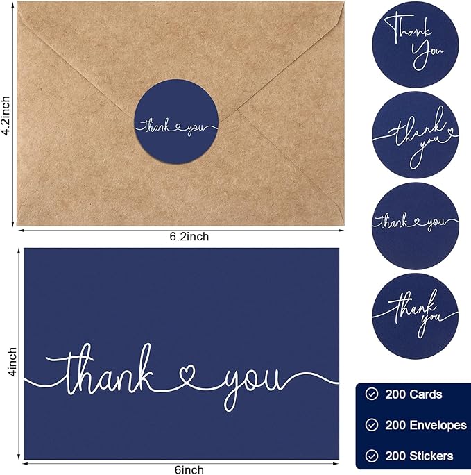 Teling 200 Set Thank You Cards with Envelopes Bulk, 6 x 4 Inch Blank Thank U Greeting Notes with Brown Kraft Envelopes Stickers Thankyou Card Set for Graduation Wedding Birthday Baby Shower(Navy Blue)