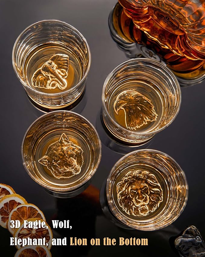 JBHO Premium Whiskey Glasses with Different Animals On Heavy Base, 10 Oz Double Old Fashioned Glasses Set of 4, Lowball Rocks Glasses with Deluxe Gift Box for Men, Serving Bourbon, Scotch