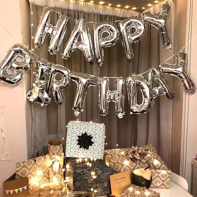 Silver Happy Birthday Banner - 16 Inch Mylar Foil Letters Balloons with Ribbon, Self Inflating Bunting Balloons Banner for Women Men Birthday Party Decorations