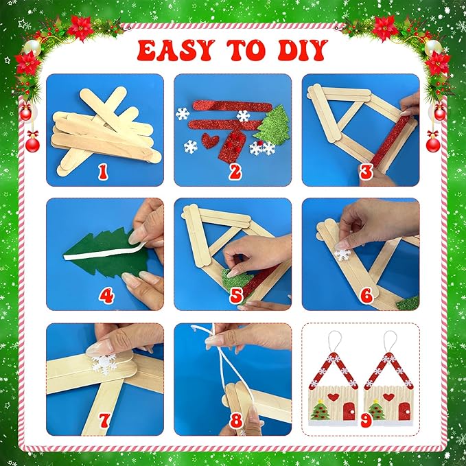 Yoloodayy 12 Set Christmas Craft Kits Popsicle Stick Christmas Ornaments 6 Designs DIY Popsicle Stick Xmas House Decorations Art Craft Supplies for Xmas Holiday Classroom Activities Party Favors