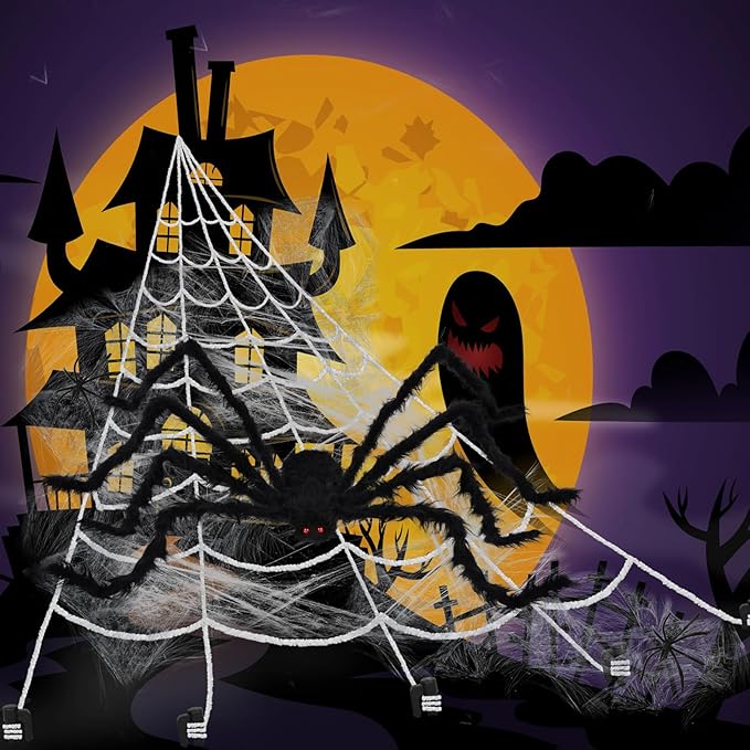 200" Halloween Spider Web + 59" Giant Spider Decorations, Triangular Huge Spiders Web and Hairy Scary Fake Spider, for Indoor Outdoor Porch Yard, Scary Haunted House Party, and Halloween Décor