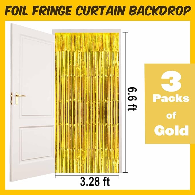 3 Pack Gold Foil Fringe Curtains Backdrop, 3.28 x 6.6 Ft Metallic Streamers Tinsel Curtains Background for Photo Booth, Birthday, Halloween, Christmas, Thanksgiving, New Year Party Decorations