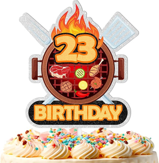 Barbecue Cake Topper 23rd Birthday Happy BBQ Sausage Decorations for Men and Women Birthday Party, Summer Outdoor Picnic Party, Anniversary Friends Family Event Gathering Cooking Grill Decoration