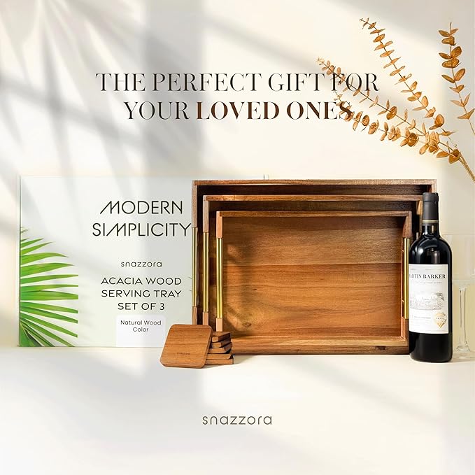 Acacia Wood Serving Tray - Set of 3 with Golden Steel Handles 18", 16" & 14" with 6 Coasters - for Coffee Table, Ottoman in Living Room, Breakfast in Bed, Jewelry, Decorative