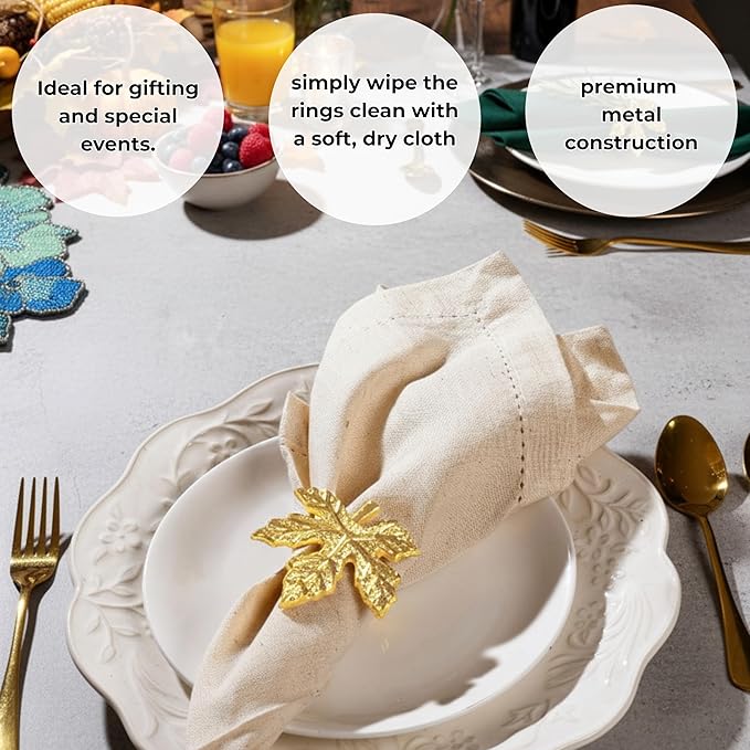 Elegant Handcrafted Leaf Napkin Rings - Set of 12 Premium Aluminum Holders for Dinner Parties, Weddings, Special Occasions & Everyday Dining (Gold) - CLEENTABLE