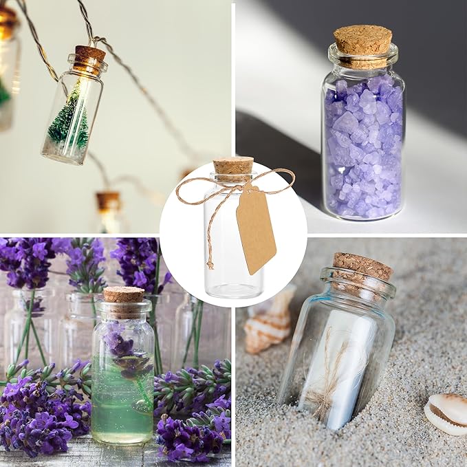 100 Pack Mini Glass Bottles with Cork 10 ml Mini Glass Vials with Cork Stoppers with Label Tags and String for Crafts Decoration Wedding Party Favors