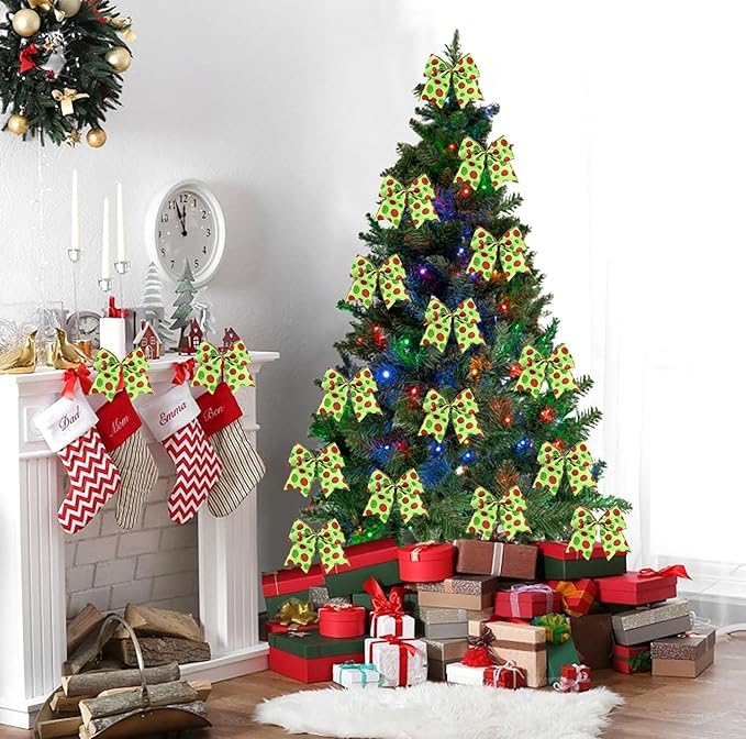 SIMISI RIBBON Christmas Tree Bows Wreaths Graland Xmas Party Decorations Red Green Polka Dot Ornaments (6 * 6 Inches, 12 Pcs)