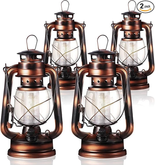 Hortsun 2 Pieces 8 Inch Vintage LED Hurricane Lantern 12 Warm LEDs and Dimmer Switch Battery Operated Farmers Hanging Lantern for Halloween Christmas Indoor Outdoor Camping Usage Decor
