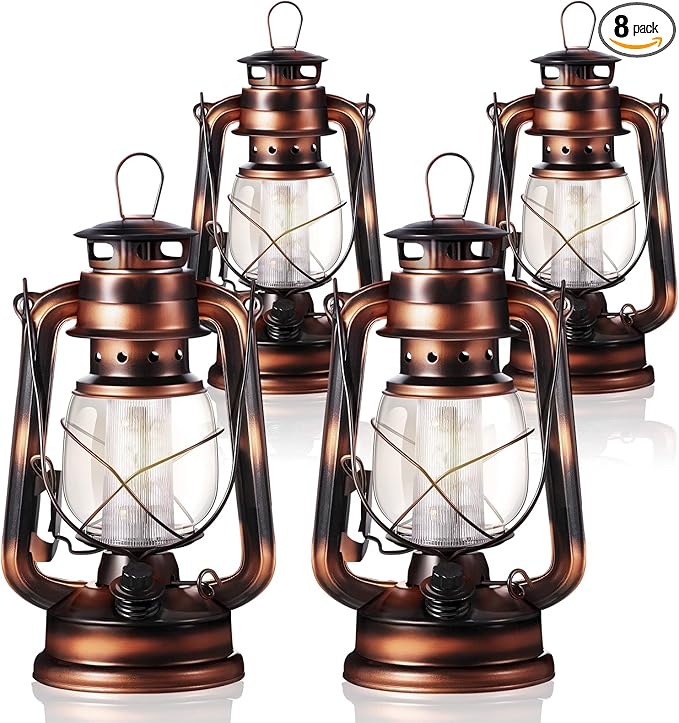 Hortsun 8 Pieces 8 Inch Vintage LED Hurricane Lantern 12 Warm LEDs and Dimmer Switch Battery Operated Farmers Hanging Lantern for Halloween Christmas Indoor Outdoor Camping Usage Decor