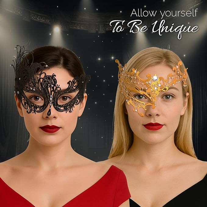 Masquerade Mask for Couples Women and Men - 3 Pack Venetian Gold and Black Lace, Mardi Gras Mask