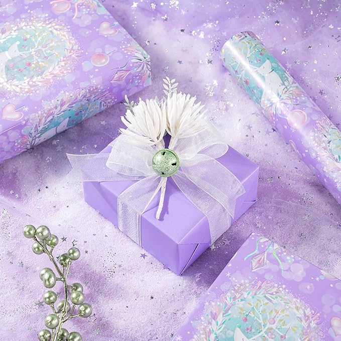 WRAPAHOLIC Reversible Purple Christmas Wrapping Paper - Mini Roll - 17 Inch x 33 Feet - Purple Reindeer and Christmas Garland with with Metallic Foil Shine for Holiday, Party Celebration
