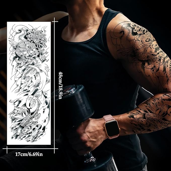 12 Sheets Large Full Arm Temporary Tattoos Adults, Waterproof Realistic Flower Japanese Tiger Samurai Skull Fake Tattoos, Fish Dragon Lotus Tattoo Kits Parties Festivals Cosplay BBQ Pool Beach Party