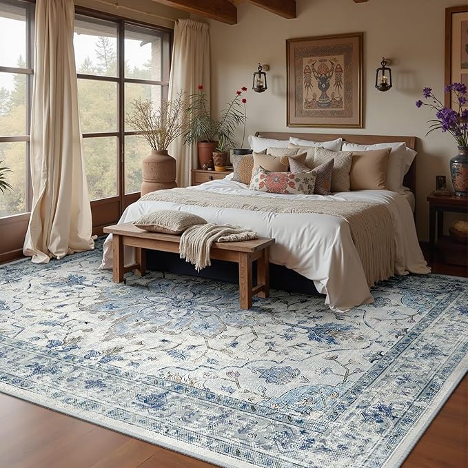 Area Rugs 10'x14' Washable Non-Slip, Floral Vintage Distress Print Pattern Medallion Carpet for Living Room Bedroom Dining Room, Light Blue Navy Beige Gray White