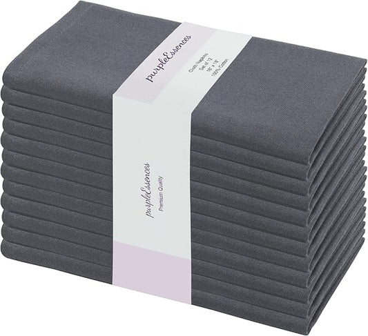 PurpleEssences Set of 12 Cloth Dinner Napkins 100% Cotton 18x18 Inch - Soft Durable Washable - Ideal for Farmhouse Party Christmas Holiday Winter - Perfect Everyday Use Table Linen - Dark Gray