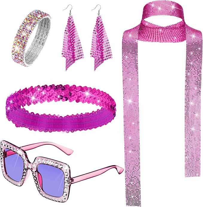 Sasylvia 5 Pcs 70s Disco Accessories Halloween Women Costume Jewelry Sequin Scarf Earrings Sunglasses Bracelet Headband
