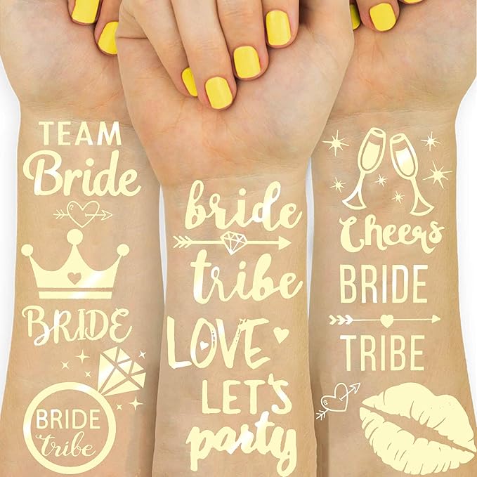 16 PCS Wedding Cheers Bachelorette Temporary Tattoos For Women Men Adults, Flash Glitter Gold Metallic Tattoos Girls Bachelor Party Favor Supplies Decoration, Bulk Bridesmaid Team Bride Tribe Love