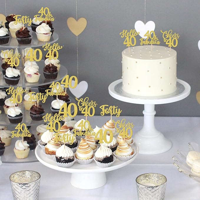 30PCS Happy 40th Birthday Cupcake Toppers Glitter Hello 40 Fabulous Forty Cheers to 40 Years Old Birthday Cupcake Picks for Happy 40th Birthday Anniversary Party Cake Decorations Supplies Gold