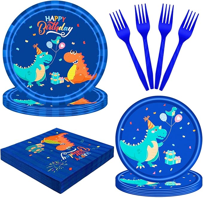 96 PCS Dinosaur Party Supplies Blue Dinosaur Birthday Party Tableware Set for Boy Kids Blue Dino Plates Napkins Forks Party Decorations for 24 Guests