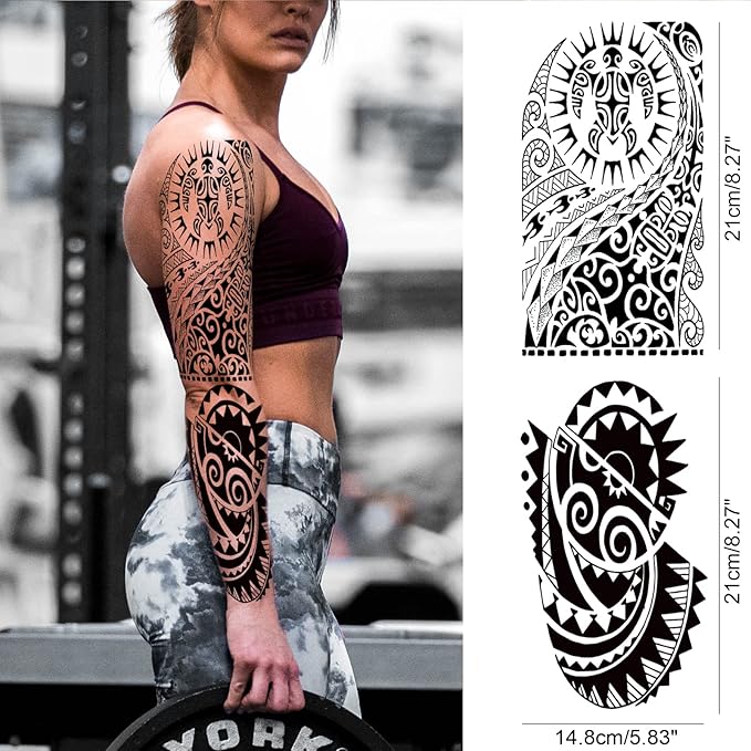 Tribal Totem Temporary Tattoo Sleeve for Men Women, 4-Sheet Full Arm Large Hawaiian Tribal Viking Fake Sleeve Tattoo Adult and 4-Sheet Black Polynesian Turtle Half Temp Tatoo Sticker Thigh Leg Body