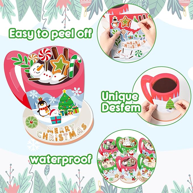 CY2SIDE 12 Set Christmas Hot Cocoa Cup Scene Sticker Art Craft for Kids, Make A Cocoa Cup Scene with Candy Sticker, DIY Xmas Party Games for School Classroom Activities