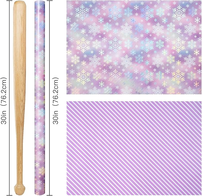 RUSPEPA 30" X 32.8' Reversible Christmas Wrapping Large Paper Roll, Jumbo Roll, Colorful Foil Pastel Snowflake Design and Purple Stripes Dreamy Gift Wrap for Girls, Women, Family, Xmas Holiday Gifts