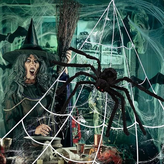 200" Halloween Spider Web + 59" Giant Spider Decorations, Triangular Huge Spiders Web and Hairy Scary Fake Spider, for Indoor Outdoor Porch Yard, Scary Haunted House Party, and Halloween Décor