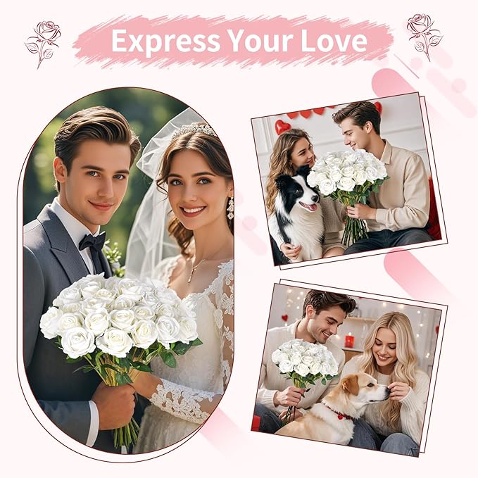 102 PCS Fake Roses Artificial Flowers Bulk, White Roses Bridal Bouquet Silk Faux Rose with Stems for Wedding Flowers Decoration, Valentine's Day, Bridal Bouquet, Anniversary,Home Decor(102PCS, White)