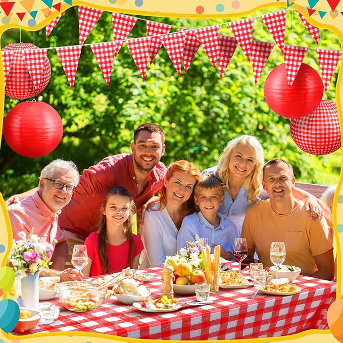 Hortsun 18 Pcs Red Gingham Party Supplies Include Checkered Paper Lanterns Plastic Tablecloth Pennant Banner Hanging Paper Fans for Picnic BBQ Baby Shower Birthday Wedding Family Dinner