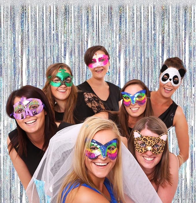 2 Packs 3.2ft x 6.6ft Silver Multicolor Tinsel Foil Fringe Curtains Photo Booth Props for Engagement Bridal Shower Bachelorette Baby Shower Bachelorette Holiday Celebration Party Decorations