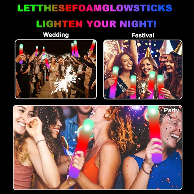 Foam Glow Sticks, 28 Pcs Glow Stick, LED Foam Stick with 3 Modes Colorful Flashing, Glow in The Dark Party Supplies, Foam Light Up Sticks for Party,Concert,Wedding,Birthday,Halloween