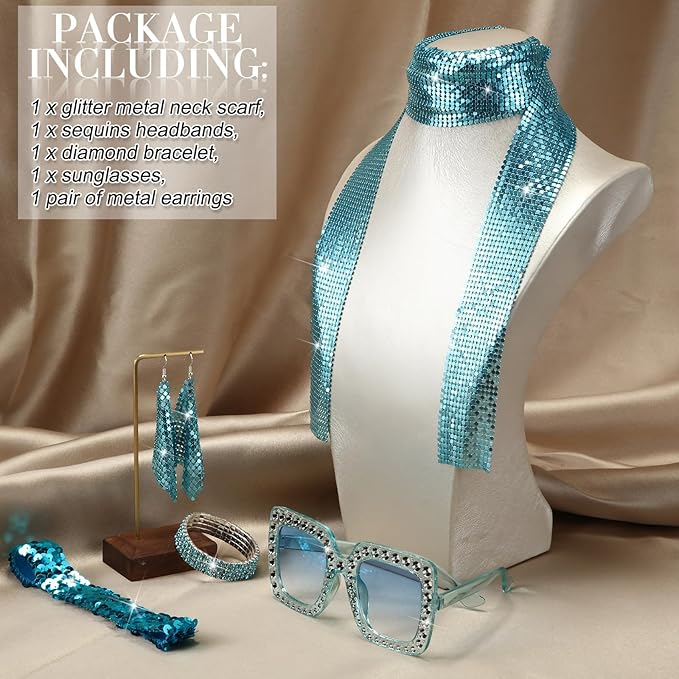 Sasylvia 5 Pcs 70s Disco Accessories Halloween Women Costume Jewelry Sequin Scarf Earrings Sunglasses Bracelet Headband