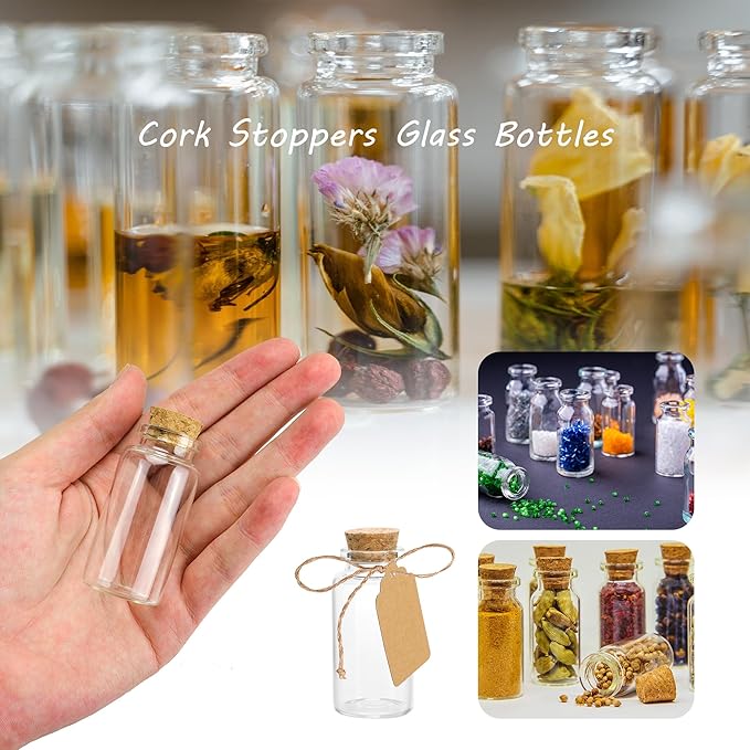 100 Pack Mini Glass Bottles with Cork 10 ml Mini Glass Vials with Cork Stoppers with Label Tags and String for Crafts Decoration Wedding Party Favors