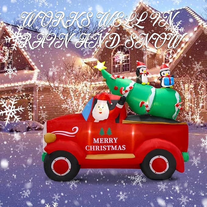 8 FT Christmas Inflatables Decorations Outdoor，Santa Christmas Tree Delivery Truck and Penguin with Built-in LED Lights for Indoor Holiday Party Yard Garden Lawn Décor