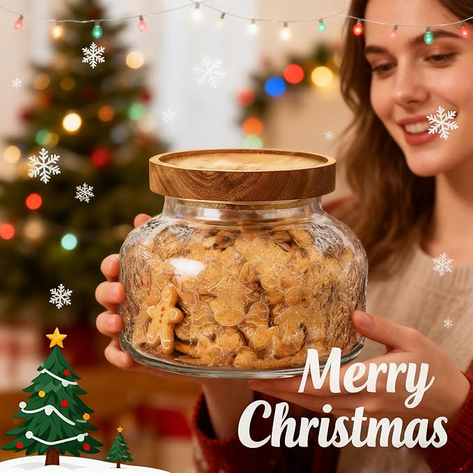 ANSQU Vintage Glass Jar with Solid Wood Lid, 25.4 FL OZ Snowflake Pattern Food Storage Jar, Home Kitchen Decorative Storage Cabinet, Oatmeal, Jam, Coffee, Candy, Cookie Jar, Pet Food Jar (Snowflake)